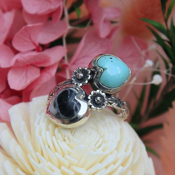 Artisan Jewelry - Artisan ✦ Tahoe Nevada Turquoise & White Buffalo Heart Ring ✦ 925 Bypass Size 7
